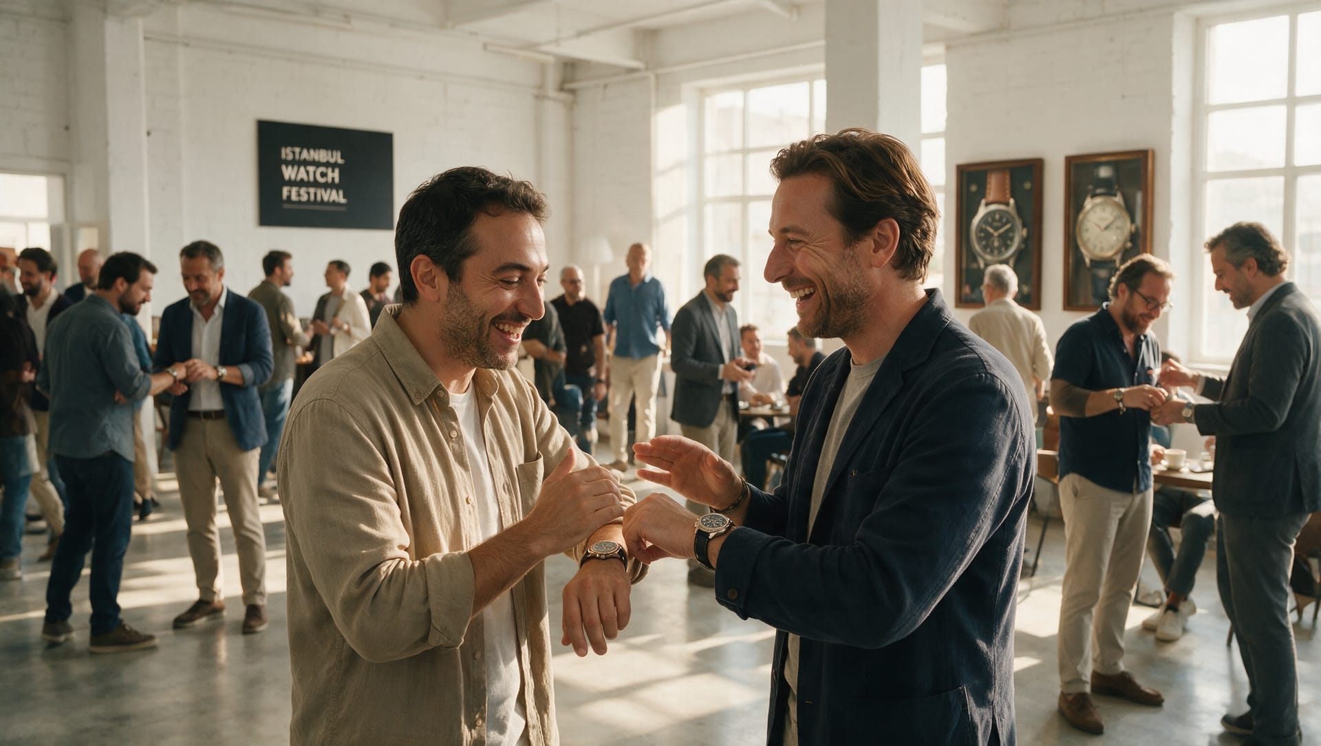 Saatseverler bir festival salonunda saatlerini karşılaştırıyor